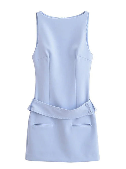 Boat Neck Sleeveless Belted Zip Pocket Bodycon Mini Dress