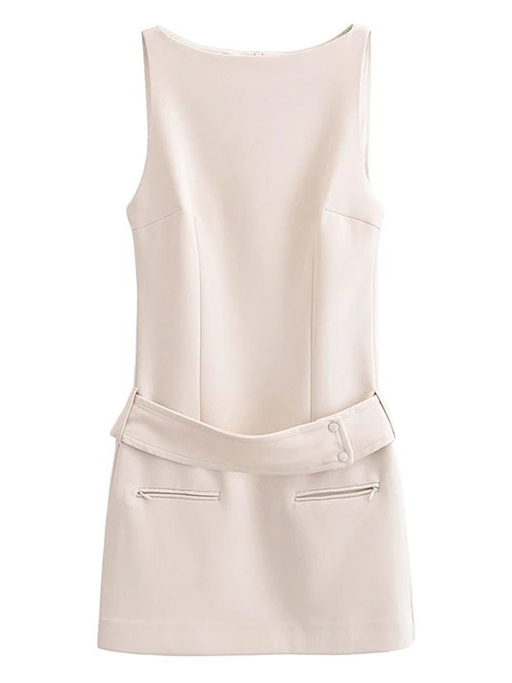 Boat Neck Sleeveless Belted Zip Pocket Bodycon Mini Dress