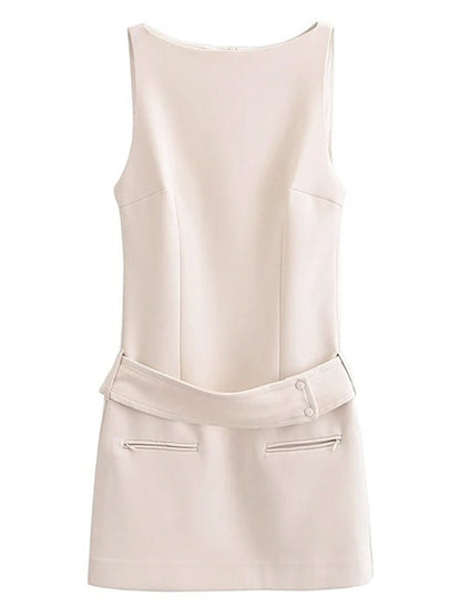 Boat Neck Sleeveless Belted Zip Pocket Bodycon Mini Dress