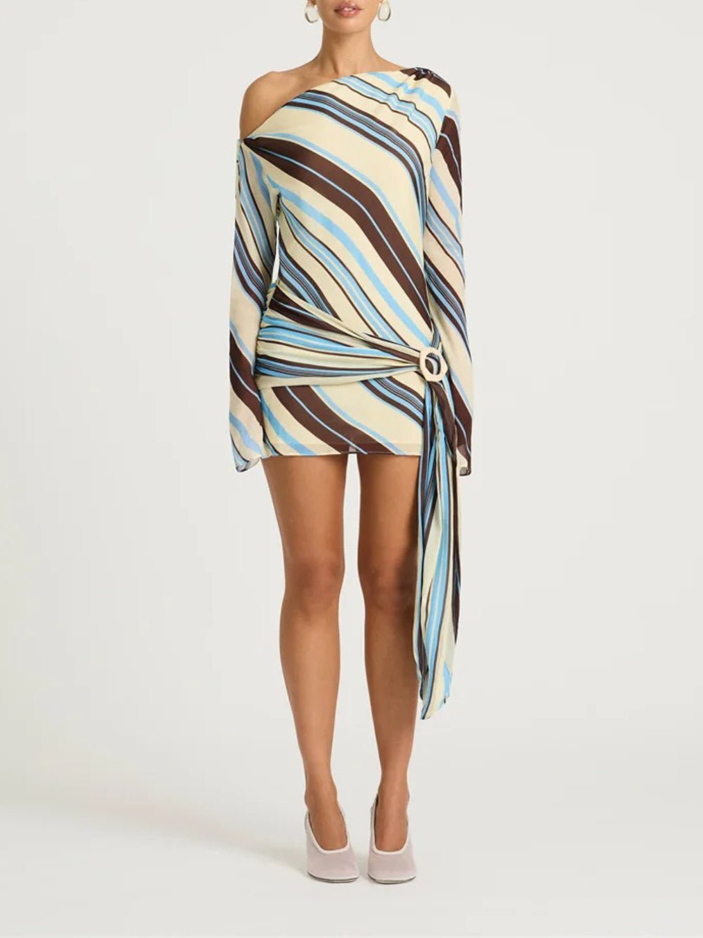 Multicolor Striped One Shoulder Long Sleeve Ring Detail Draped Asymmetric Panel Bodycon Mini Dress