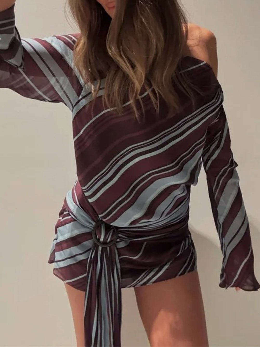Red Striped One Shoulder Long Sleeve Ring Detail Draped Asymmetric Panel Bodycon Mini Dress