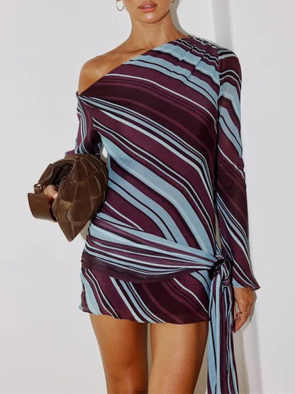Red Striped One Shoulder Long Sleeve Ring Detail Draped Asymmetric Panel Bodycon Mini Dress