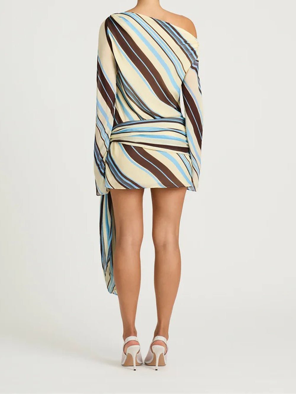 Multicolor Striped One Shoulder Long Sleeve Ring Detail Draped Asymmetric Panel Bodycon Mini Dress