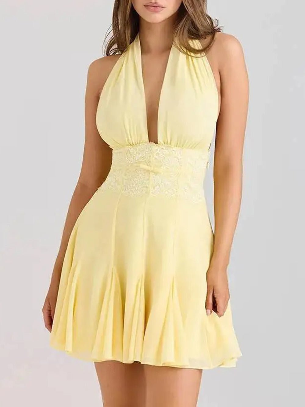 Yellow Halter Neck Deep V-Neck Lace Waistband Pleated Flare Mini Dress