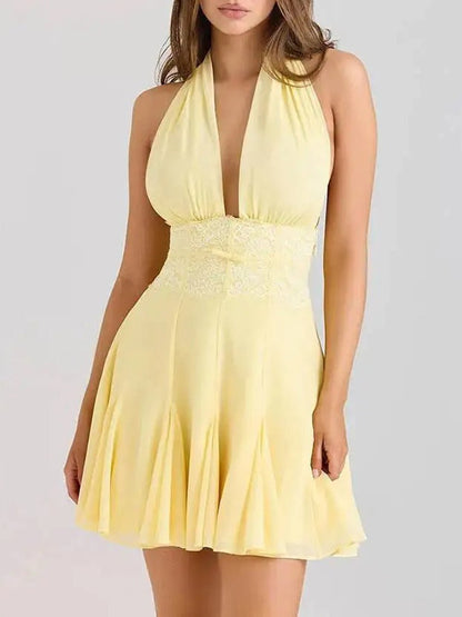 Yellow Halter Neck Deep V-Neck Lace Waistband Pleated Flare Mini Dress