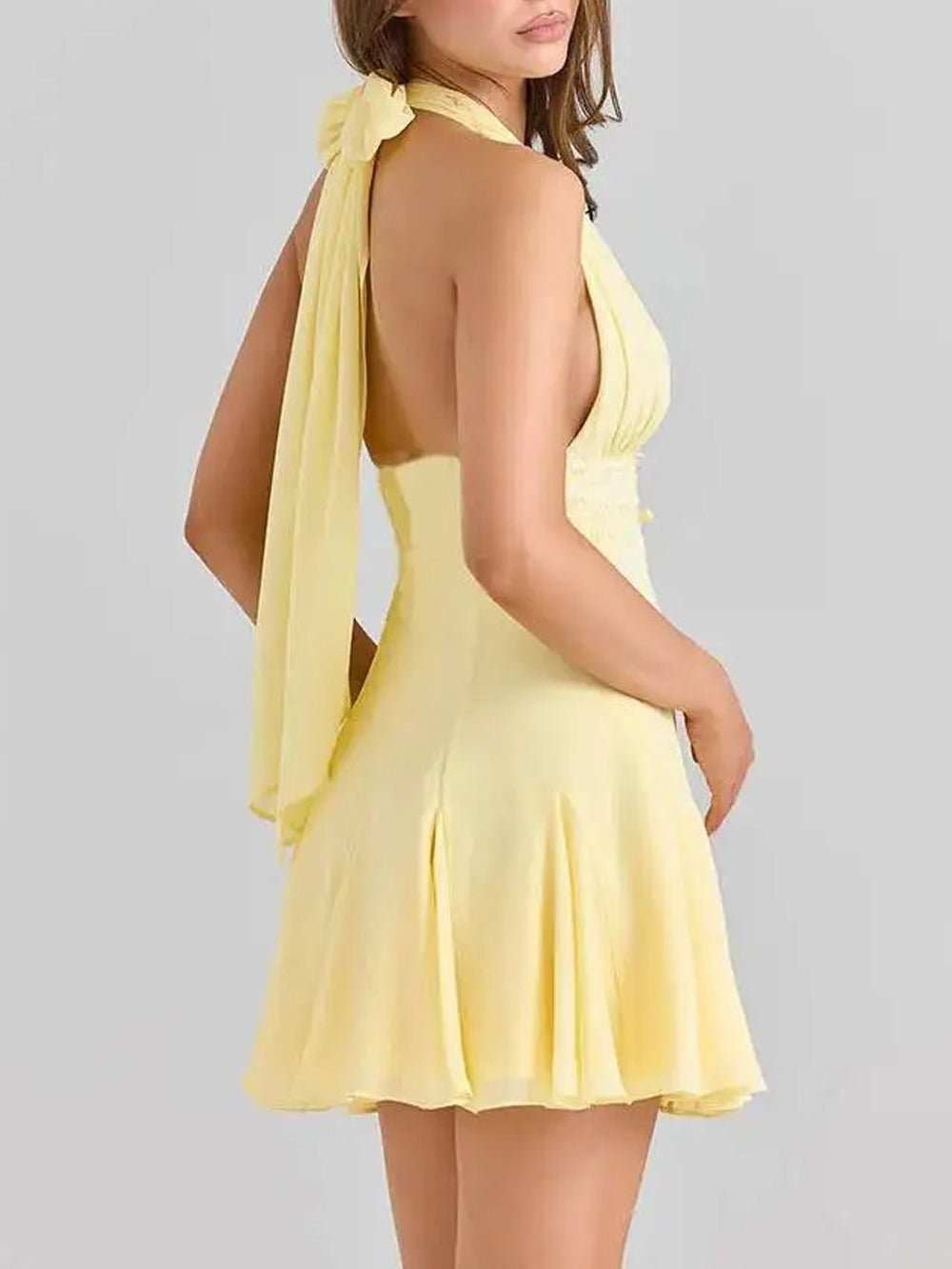 Yellow Halter Neck Deep V-Neck Lace Waistband Pleated Flare Mini Dress