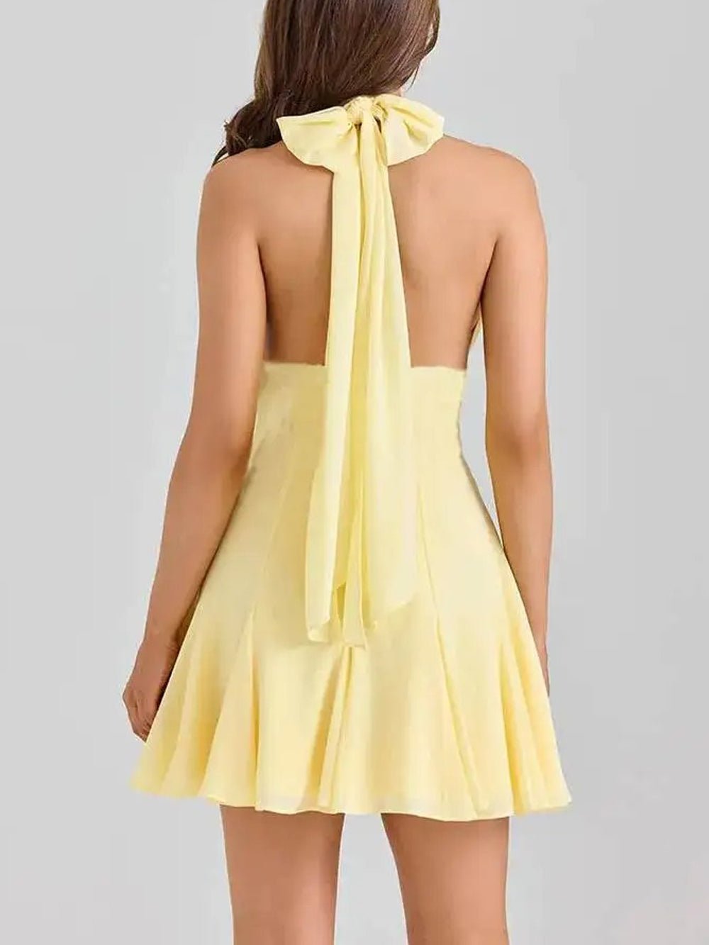 Yellow Halter Neck Deep V-Neck Lace Waistband Pleated Flare Mini Dress