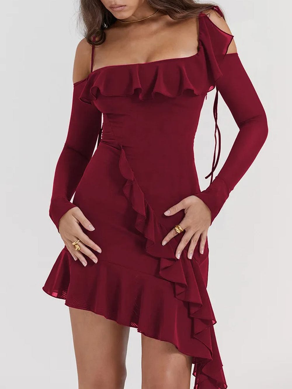 Cold Shoulder Long Sleeve Cascading Ruffle Asymmetric Hem Bodycon Mini Dress
