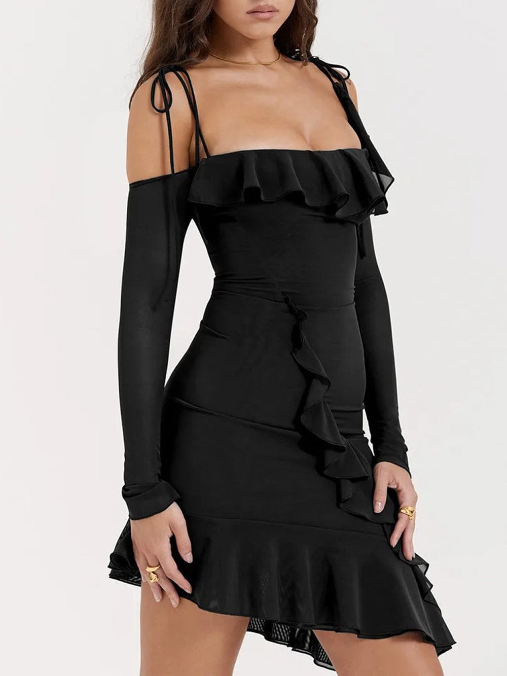Cold Shoulder Long Sleeve Cascading Ruffle Asymmetric Hem Bodycon Mini Dress