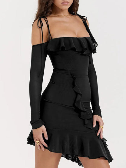 Cold Shoulder Long Sleeve Cascading Ruffle Asymmetric Hem Bodycon Mini Dress