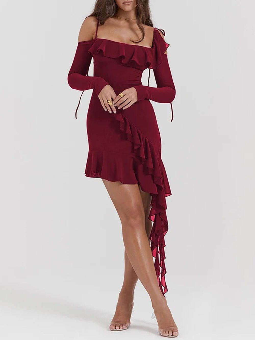 Cold Shoulder Long Sleeve Cascading Ruffle Asymmetric Hem Bodycon Mini Dress