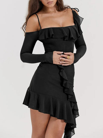 Cold Shoulder Long Sleeve Cascading Ruffle Asymmetric Hem Bodycon Mini Dress