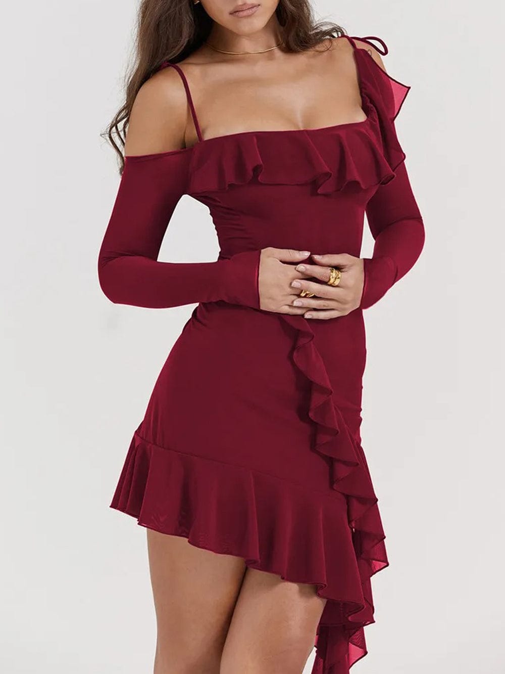 Cold Shoulder Long Sleeve Cascading Ruffle Asymmetric Hem Bodycon Mini Dress