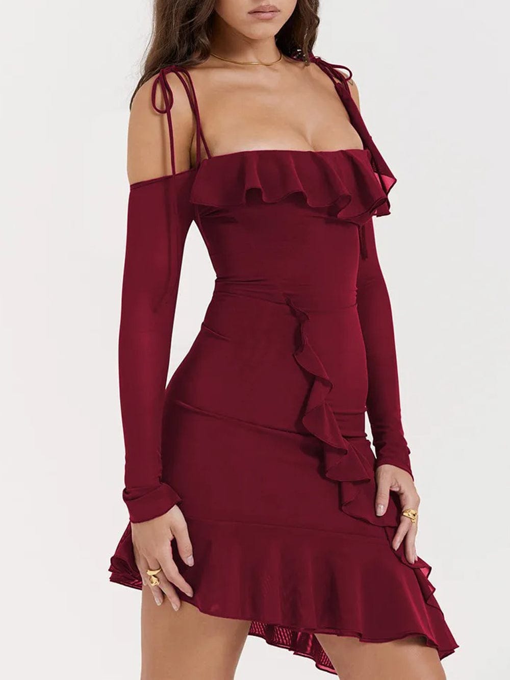 Cold Shoulder Long Sleeve Cascading Ruffle Asymmetric Hem Bodycon Mini Dress