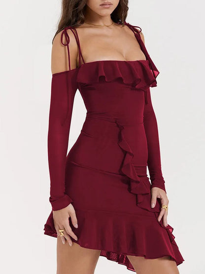 Cold Shoulder Long Sleeve Cascading Ruffle Asymmetric Hem Bodycon Mini Dress