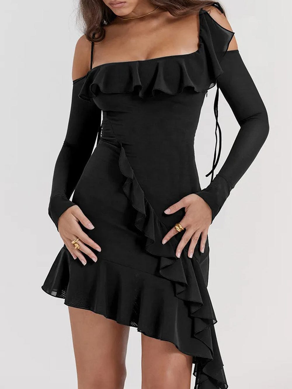 Cold Shoulder Long Sleeve Cascading Ruffle Asymmetric Hem Bodycon Mini Dress