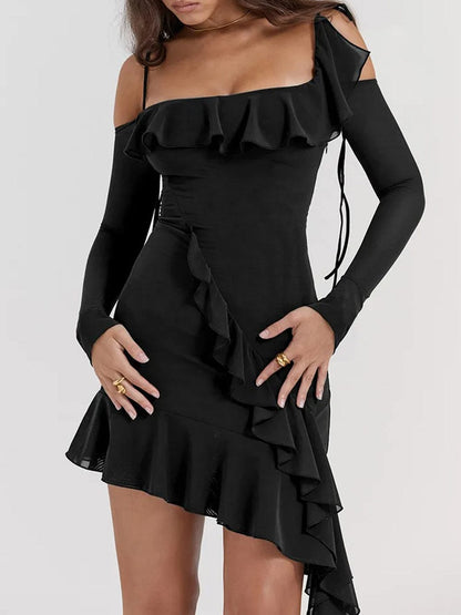 Cold Shoulder Long Sleeve Cascading Ruffle Asymmetric Hem Bodycon Mini Dress