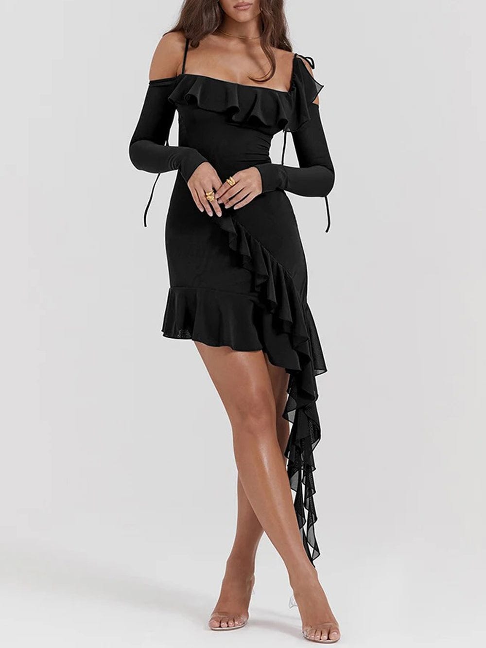 Cold Shoulder Long Sleeve Cascading Ruffle Asymmetric Hem Bodycon Mini Dress
