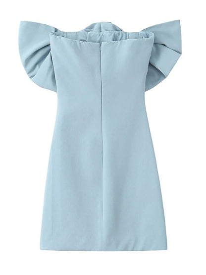 Blue Off Shoulder Oversized Bow Neckline Shift Mini Dress