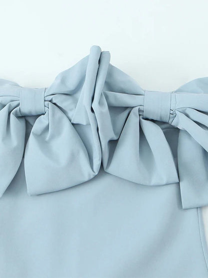 Blue Off Shoulder Oversized Bow Neckline Shift Mini Dress
