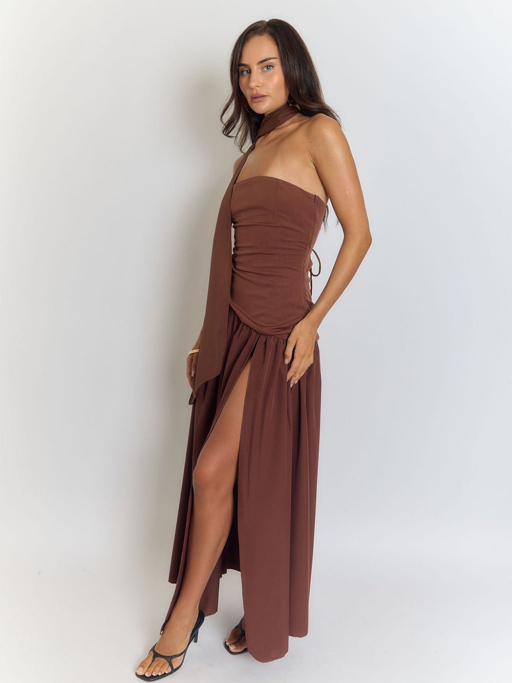 Brown One Shoulder Neck Tie Ruched Faux Two Piece High Split Column Maxi Dress