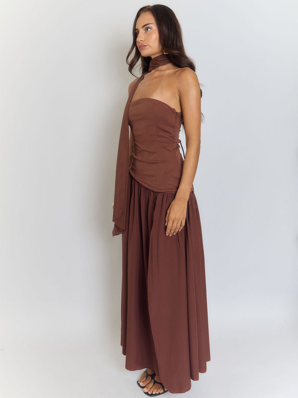 Brown One Shoulder Neck Tie Ruched Faux Two Piece High Split Column Maxi Dress