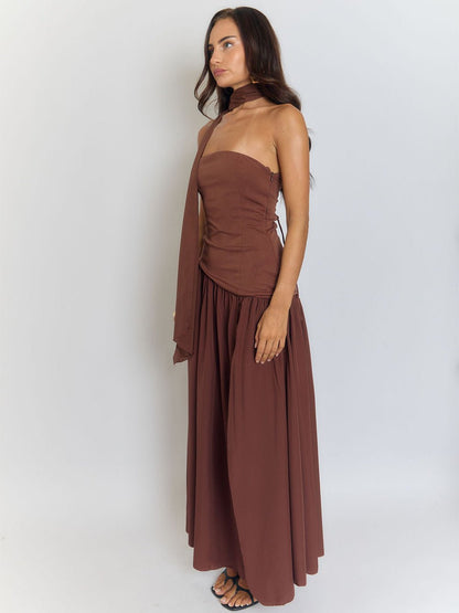 Brown One Shoulder Neck Tie Ruched Faux Two Piece High Split Column Maxi Dress