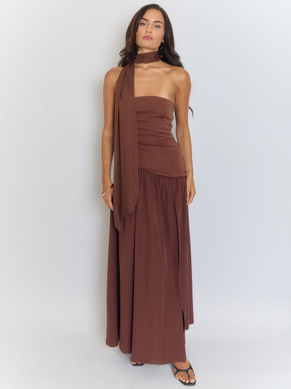 Brown One Shoulder Neck Tie Ruched Faux Two Piece High Split Column Maxi Dress