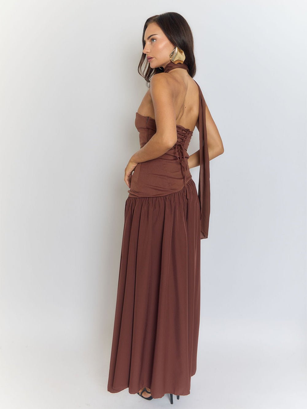 Brown One Shoulder Neck Tie Ruched Faux Two Piece High Split Column Maxi Dress