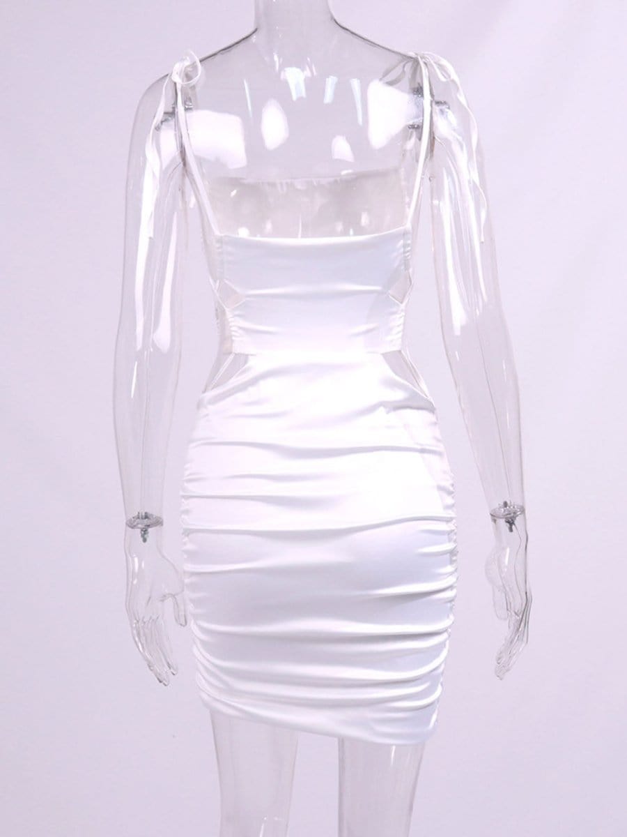 White Satin Spaghetti Strap Tie Shoulder Cut Out Ruched Bodycon Mini Dress