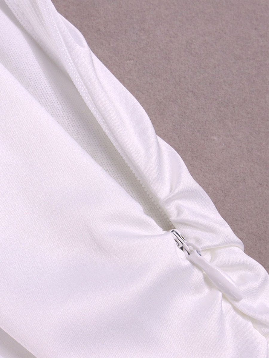 White Satin Spaghetti Strap Tie Shoulder Cut Out Ruched Bodycon Mini Dress