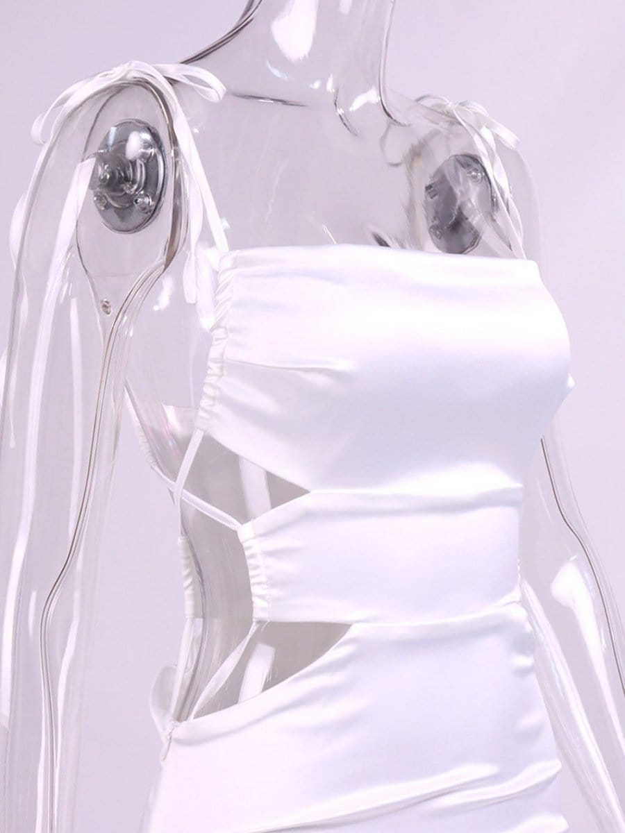 White Satin Spaghetti Strap Tie Shoulder Cut Out Ruched Bodycon Mini Dress