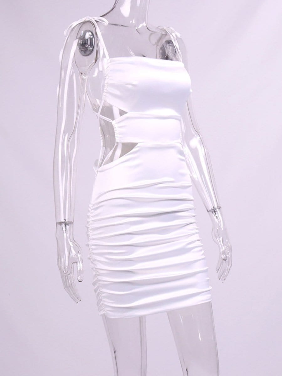 White Satin Spaghetti Strap Tie Shoulder Cut Out Ruched Bodycon Mini Dress