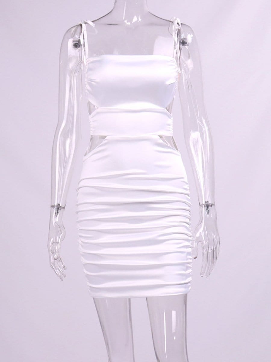 White Satin Spaghetti Strap Tie Shoulder Cut Out Ruched Bodycon Mini Dress