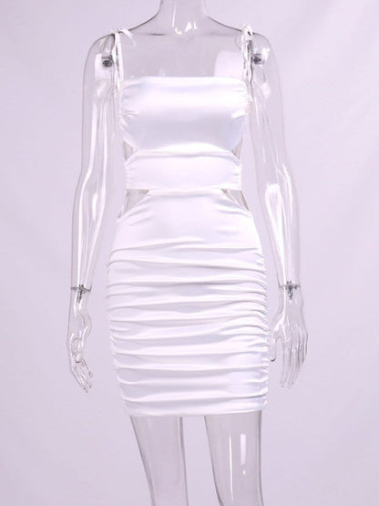 White Satin Spaghetti Strap Tie Shoulder Cut Out Ruched Bodycon Mini Dress