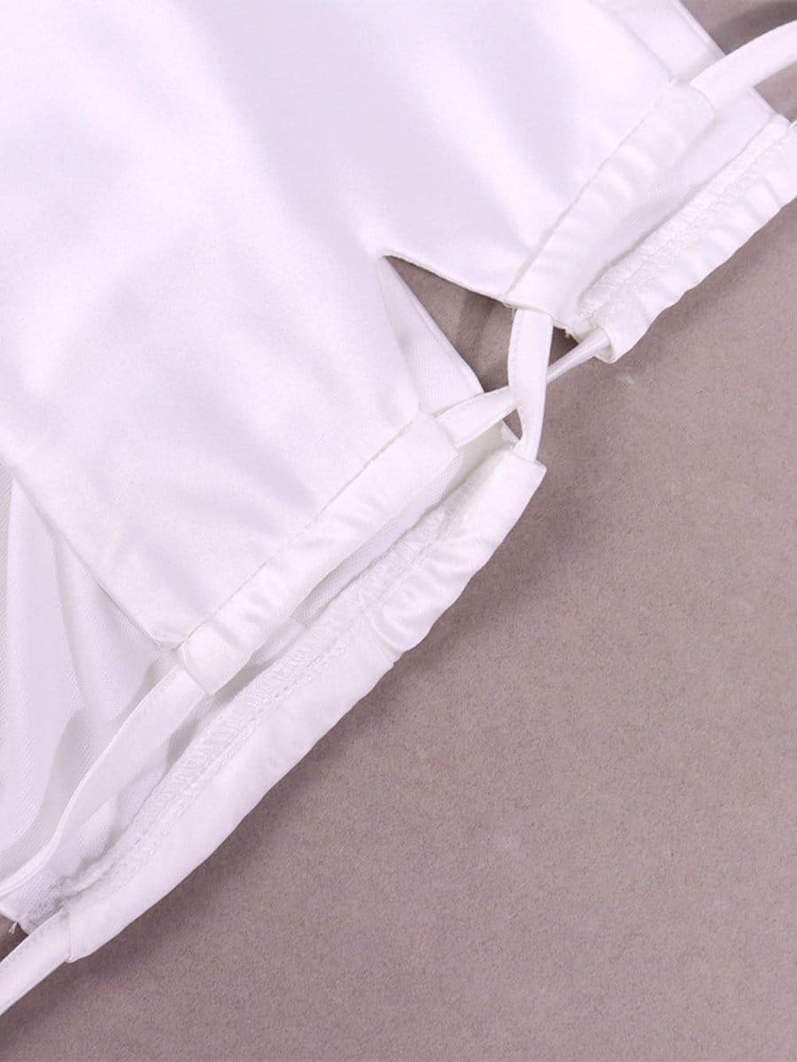 White Satin Spaghetti Strap Tie Shoulder Cut Out Ruched Bodycon Mini Dress