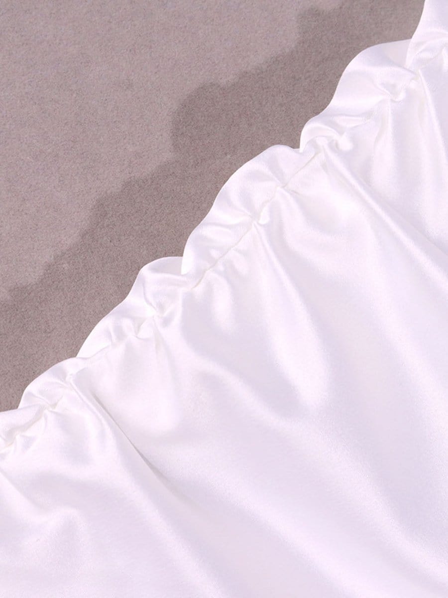 White Satin Spaghetti Strap Tie Shoulder Cut Out Ruched Bodycon Mini Dress