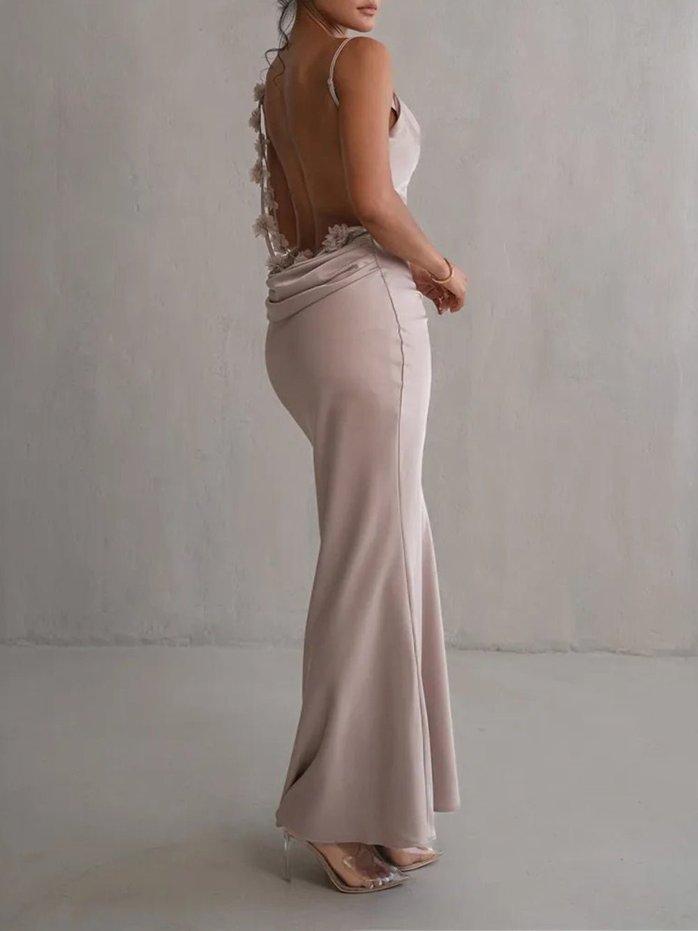 Satin Cowl Neck Spaghetti Strap Mermaid Maxi Gown