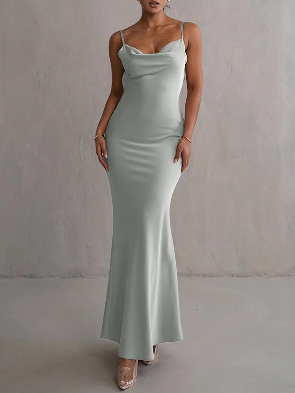 Satin Cowl Neck Spaghetti Strap Mermaid Maxi Gown