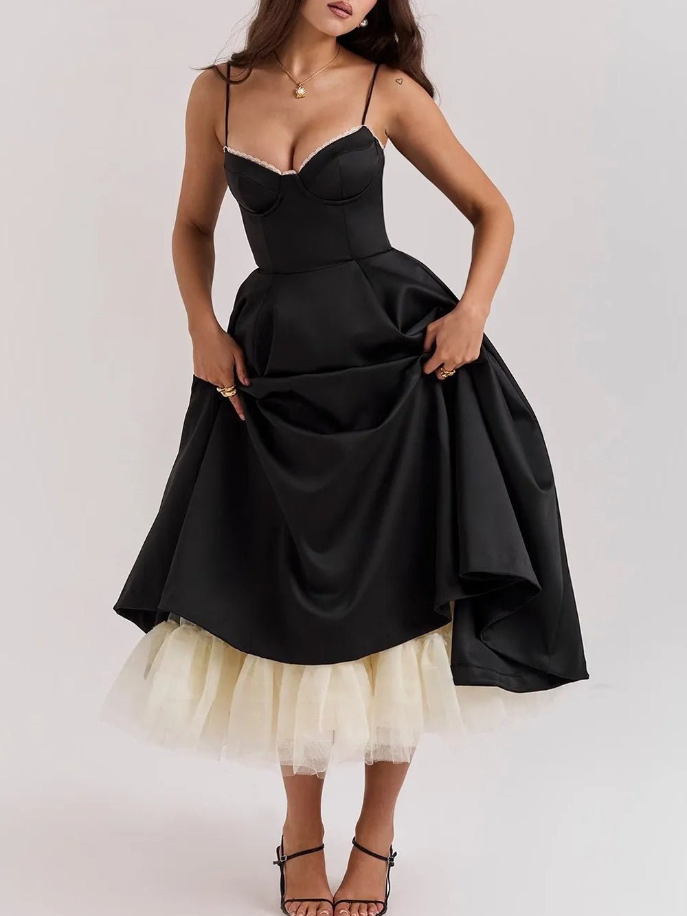 Sweetheart Lace Trim Spaghetti Strap Pleated Fit and Flare Midi Dress
