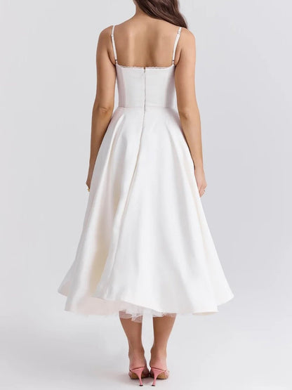 Sweetheart Lace Trim Spaghetti Strap Pleated Fit and Flare Midi Dress