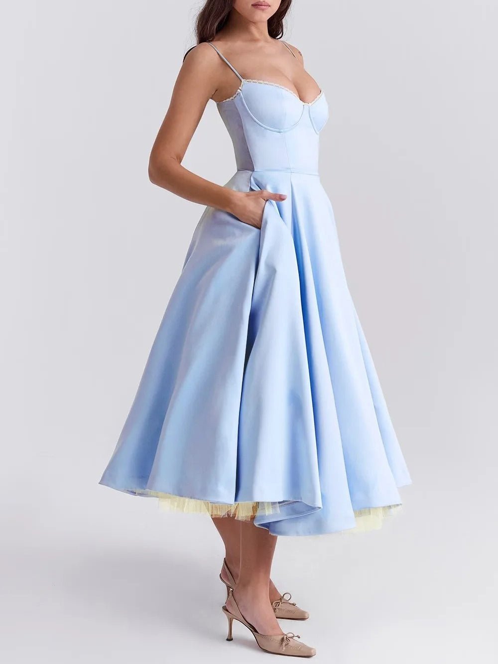 Sweetheart Lace Trim Spaghetti Strap Pleated Fit and Flare Midi Dress