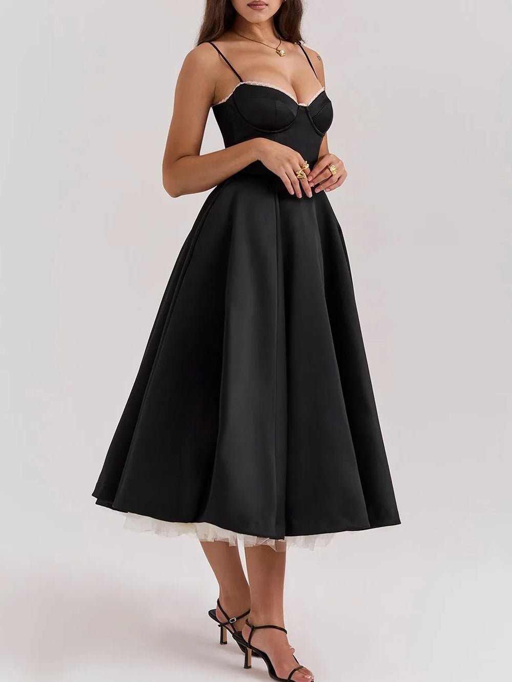 Sweetheart Lace Trim Spaghetti Strap Pleated Fit and Flare Midi Dress