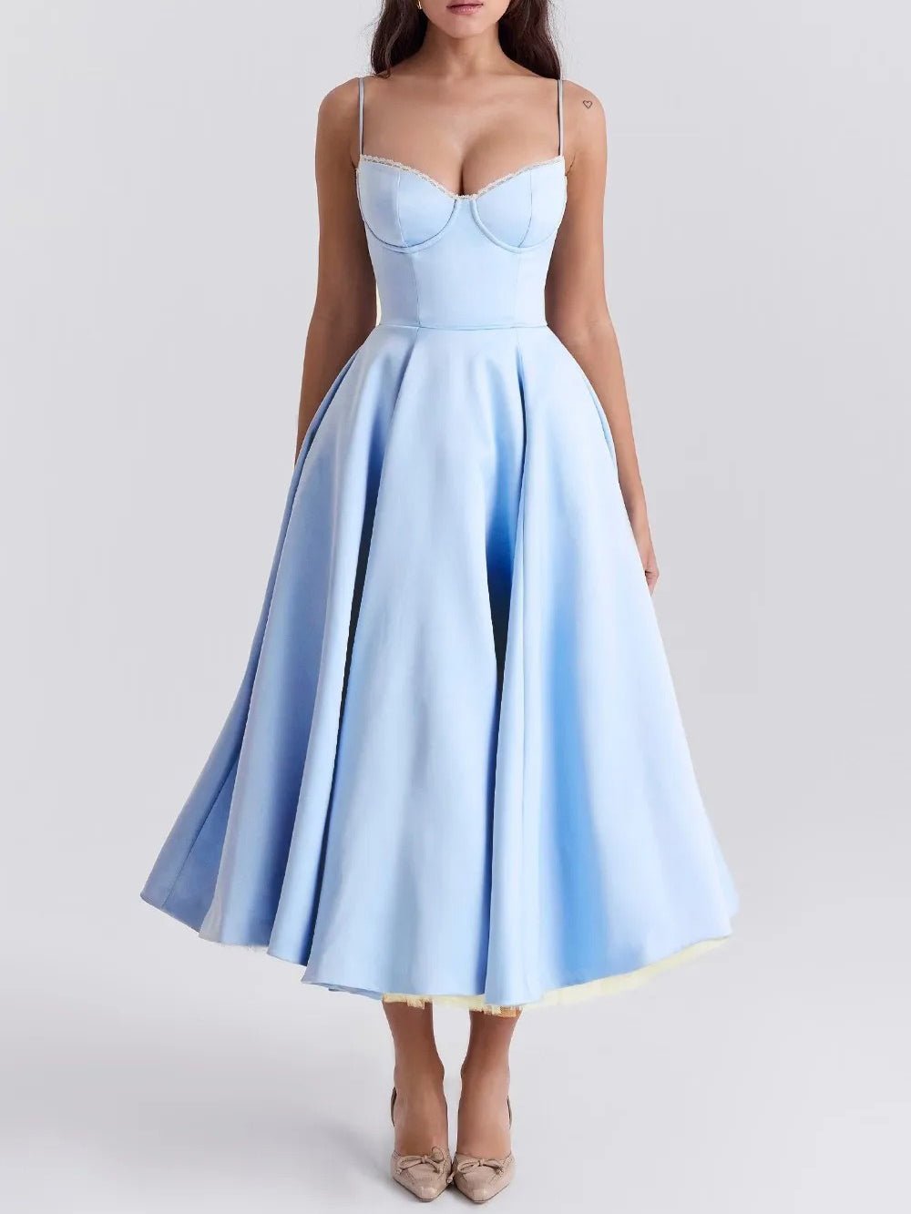 Sweetheart Lace Trim Spaghetti Strap Pleated Fit and Flare Midi Dress