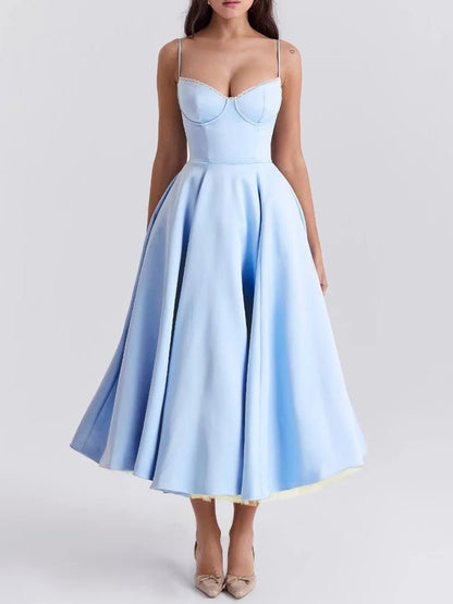 Sweetheart Lace Trim Spaghetti Strap Pleated Fit and Flare Midi Dress