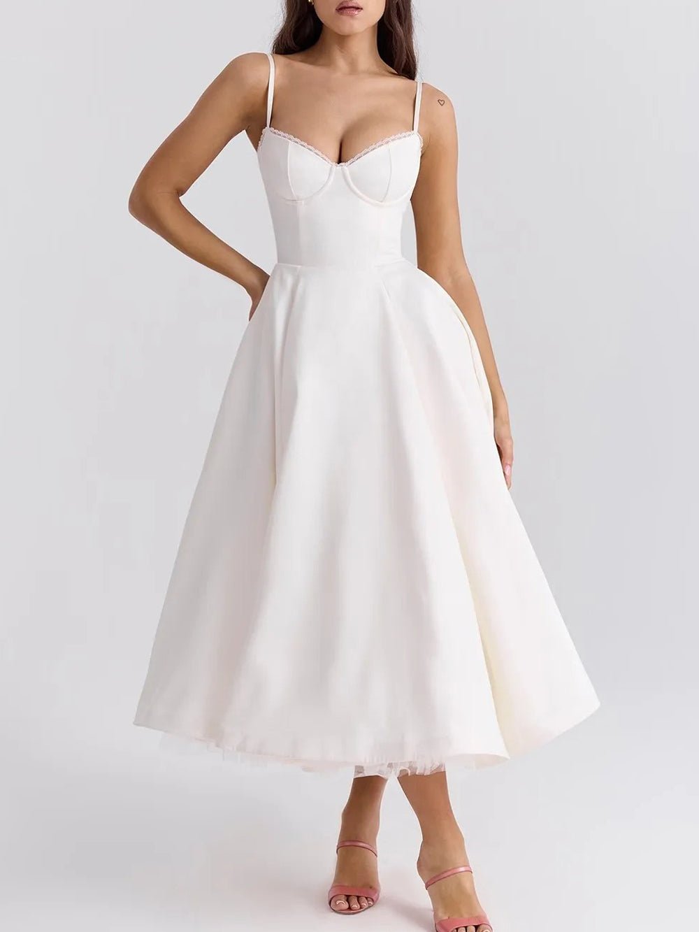 Sweetheart Lace Trim Spaghetti Strap Pleated Fit and Flare Midi Dress