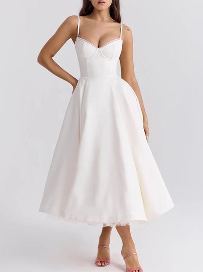 Sweetheart Lace Trim Spaghetti Strap Pleated Fit and Flare Midi Dress