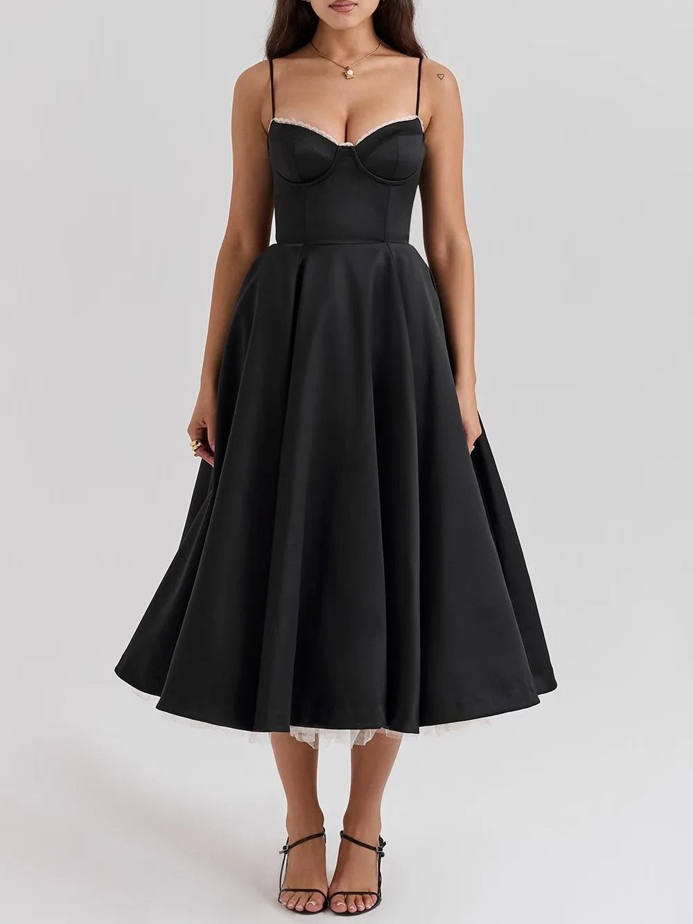 Sweetheart Lace Trim Spaghetti Strap Pleated Fit and Flare Midi Dress