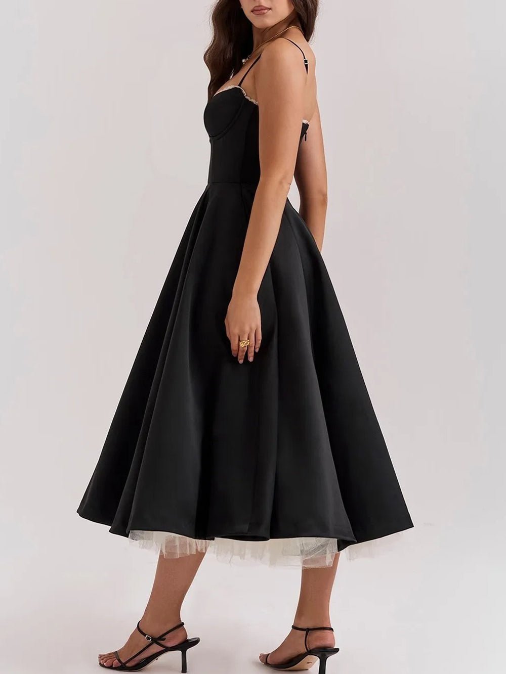 Sweetheart Lace Trim Spaghetti Strap Pleated Fit and Flare Midi Dress