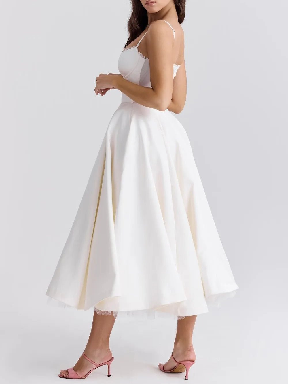 Sweetheart Lace Trim Spaghetti Strap Pleated Fit and Flare Midi Dress